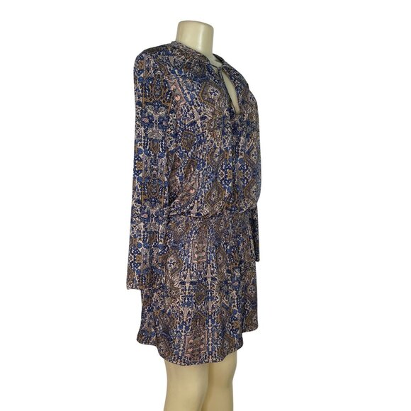 Juniper Blu Women's Boho Printed Long Sleeve Dress With Tie Neck & Elastic Waist - Picture 2 of 7